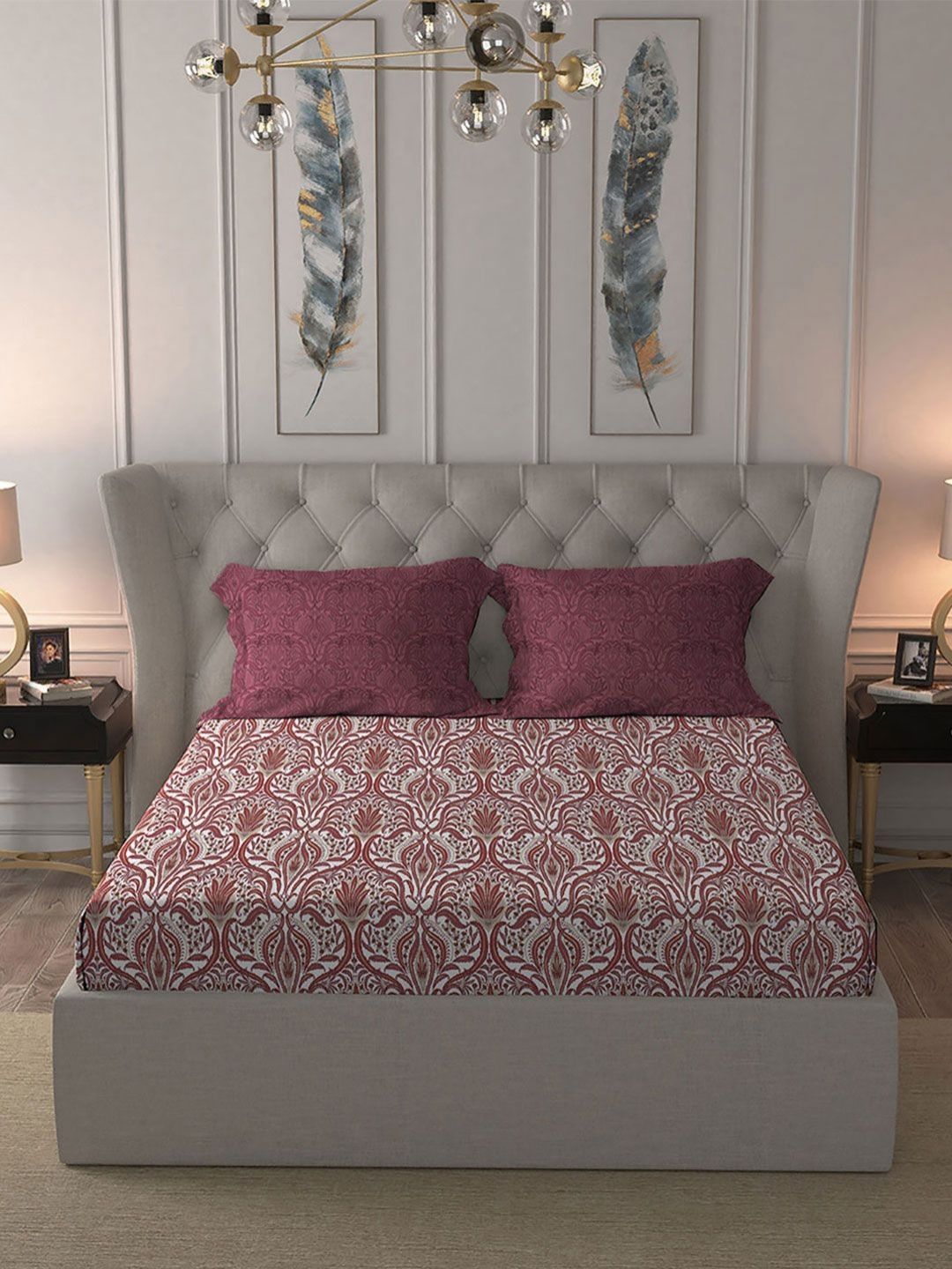 MYTRIDENT Gulnaz Red Celebration Flat 144TC Queen Cotton 1 Bedsheet with 2 Pillow Covers