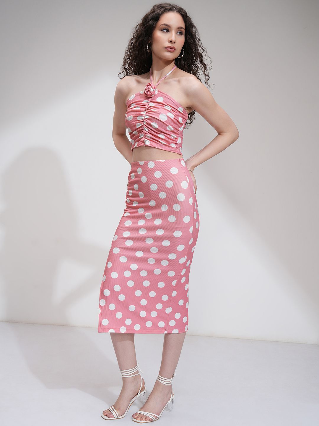 Tokyo Talkies Women Polka Dot Corsage Top with Midi Skirt Co-Ords