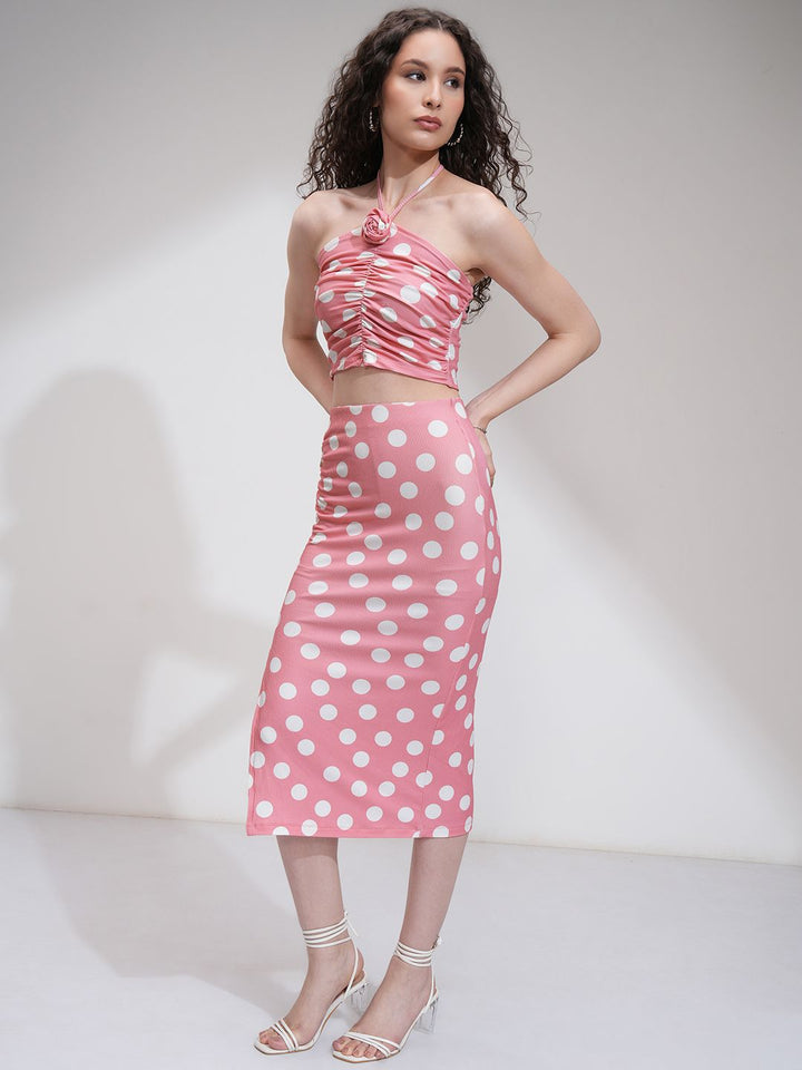 Tokyo Talkies Women Polka Dot Corsage Top with Midi Skirt Co-Ords