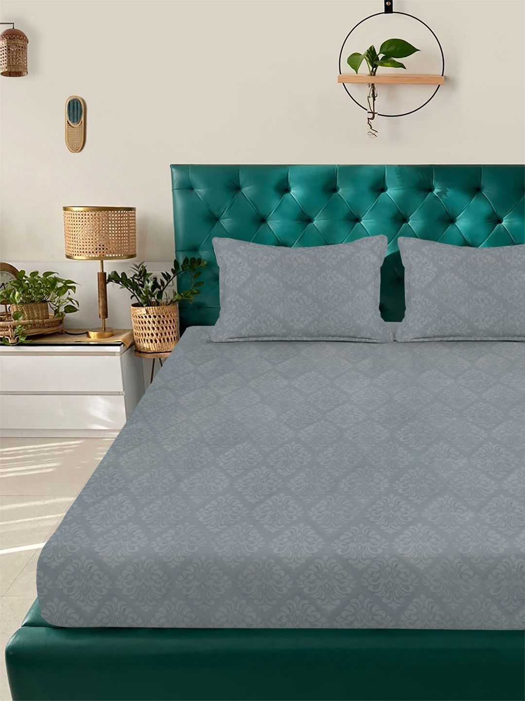 KLOTTHE Grey Floral Embosed Printed Fitted 400TC Super King Bedsheet & 2 Pillow Cover
