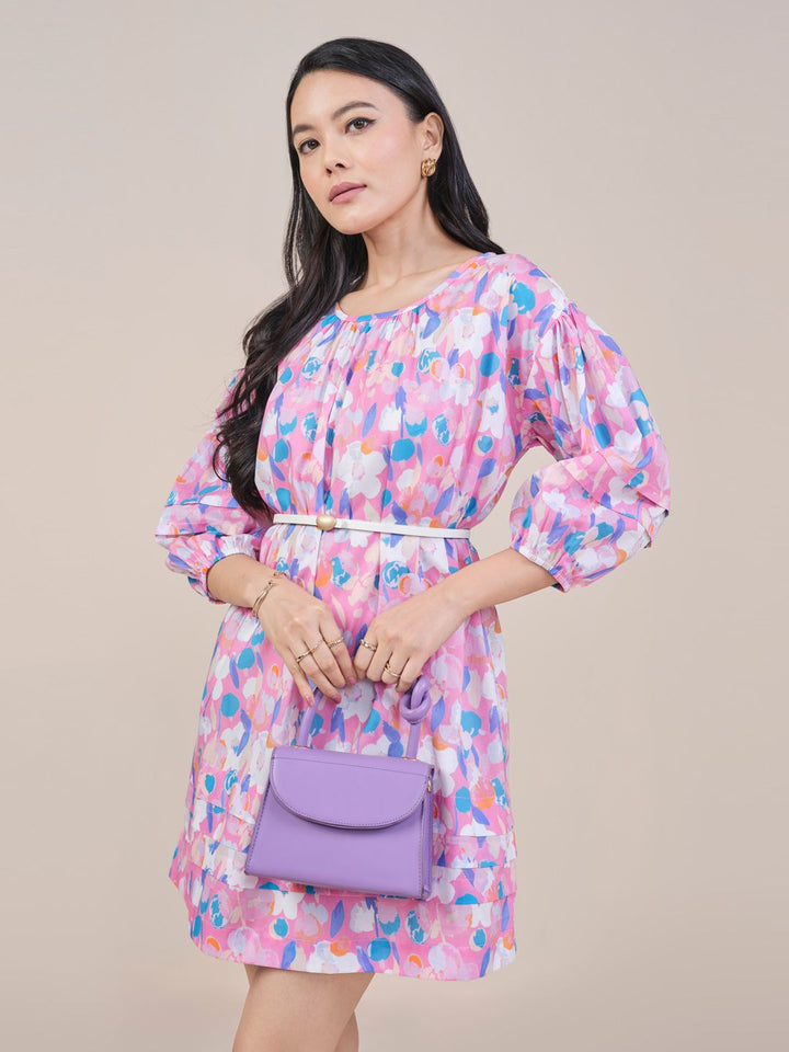 AND Floral Printed Puff Sleeve A-Line Mini Dress