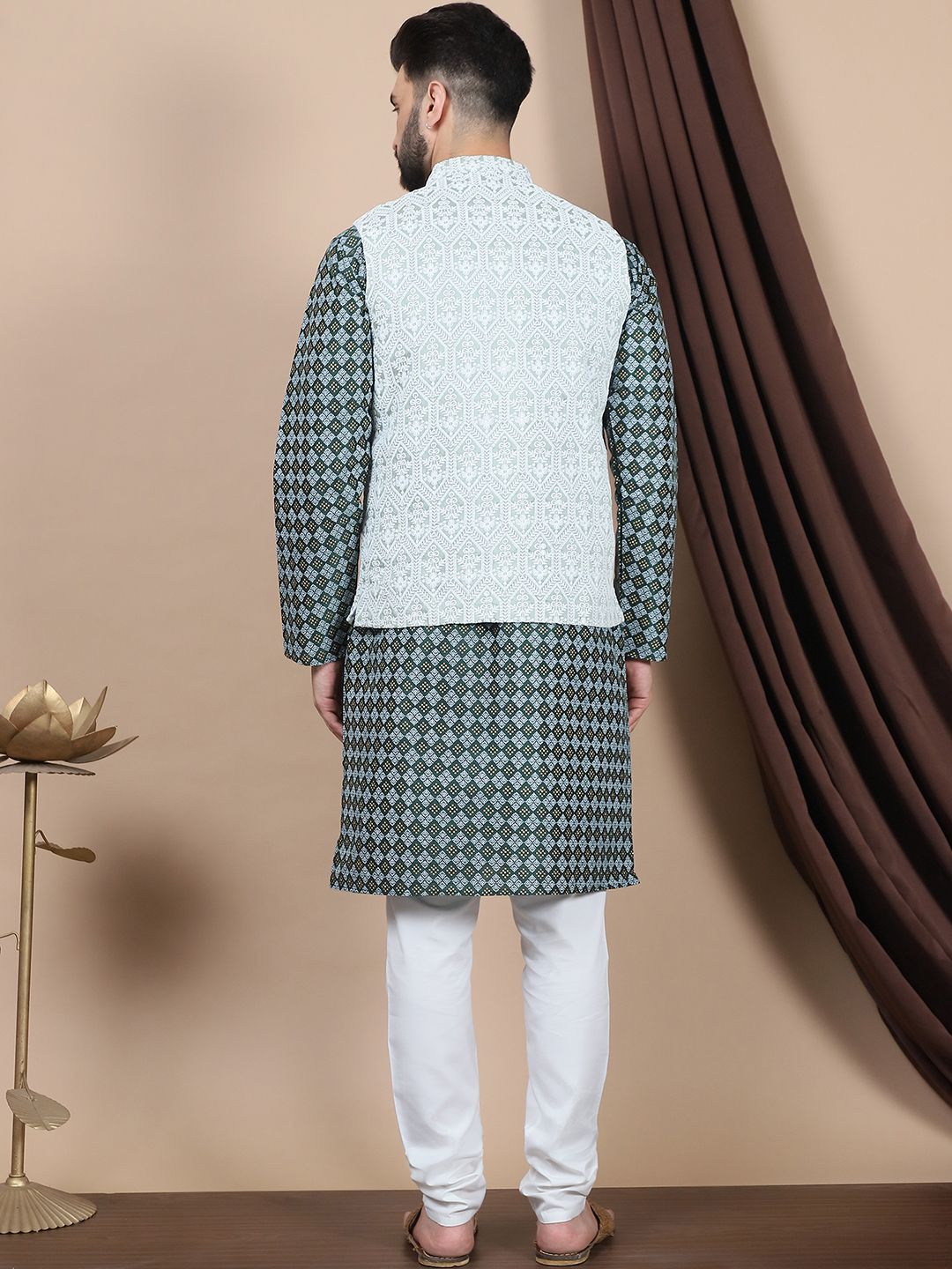 Motif Etnik Biru Anouk Bersulam Benang Lurus Bekerja Kurta Kapas Tulen dengan Churidar
