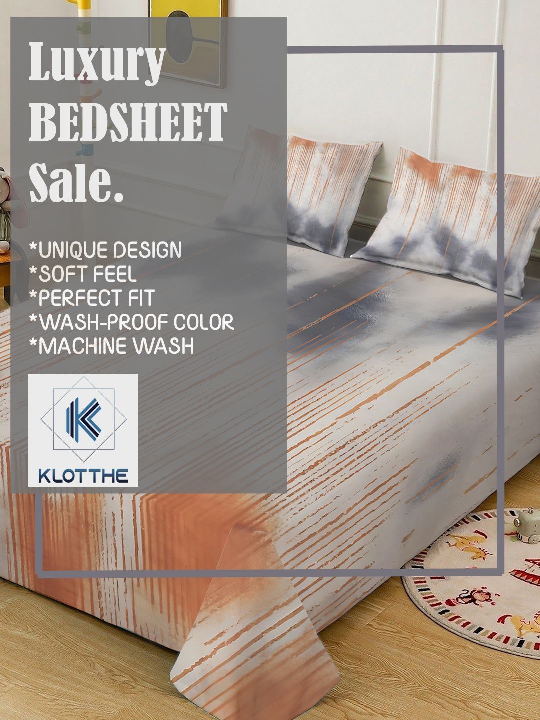 KLOTTHE Grey & Blue Abstract Printed Fitted 300 TC King Fine Bedsheet With 2 Pillow Cover