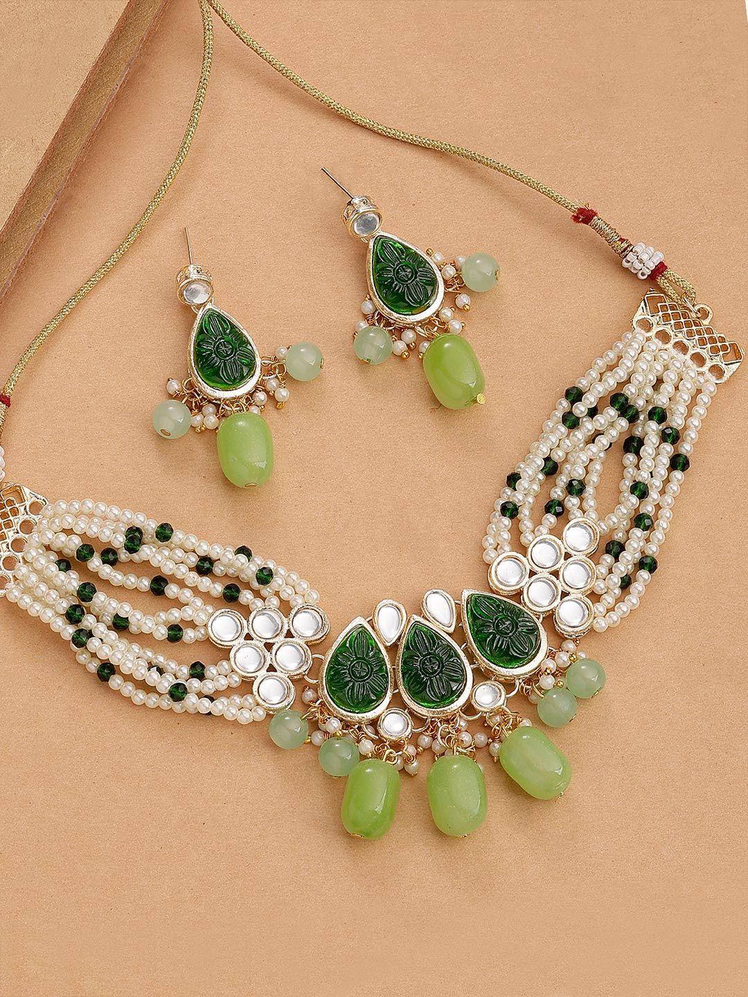 KARATCART Gold-Plated Kundan Stones-Studded & Beaded Jewellery Set