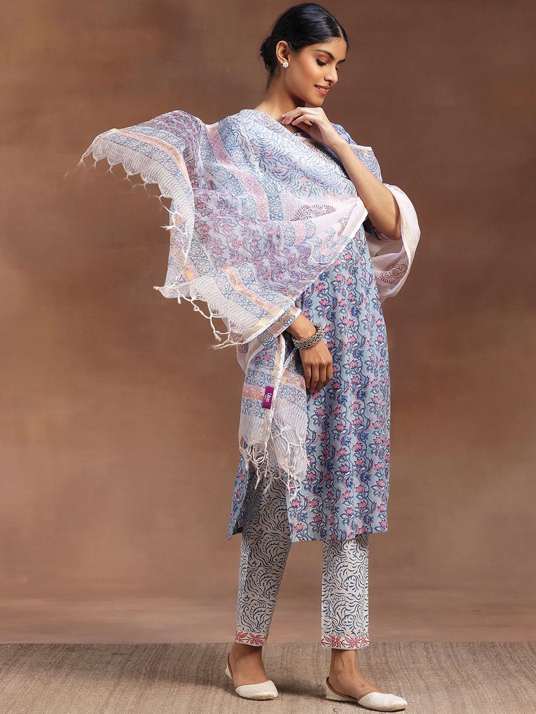 Libas Floral Printed Gotta Patti Pure Cotton Straight Kurta with Trousers & Dupatta