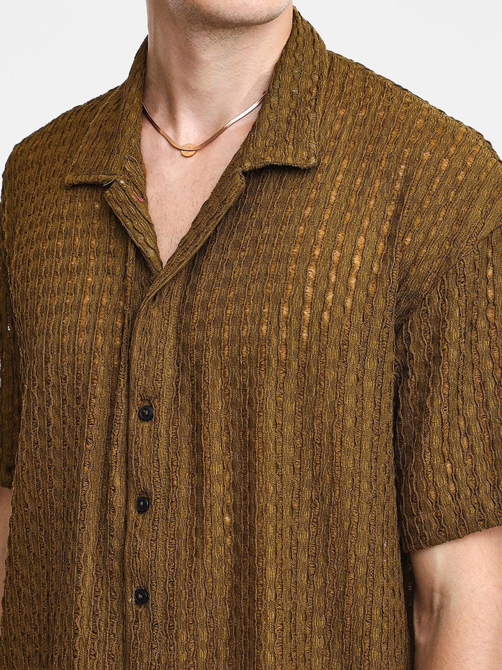 Brown Sheer Relaxed Fit Cuban Collar Casual Shirt