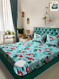KLOTTHE Turquoise Blue Printed 400 TC Pure Cotton Fitted Double King Bedsheet Set