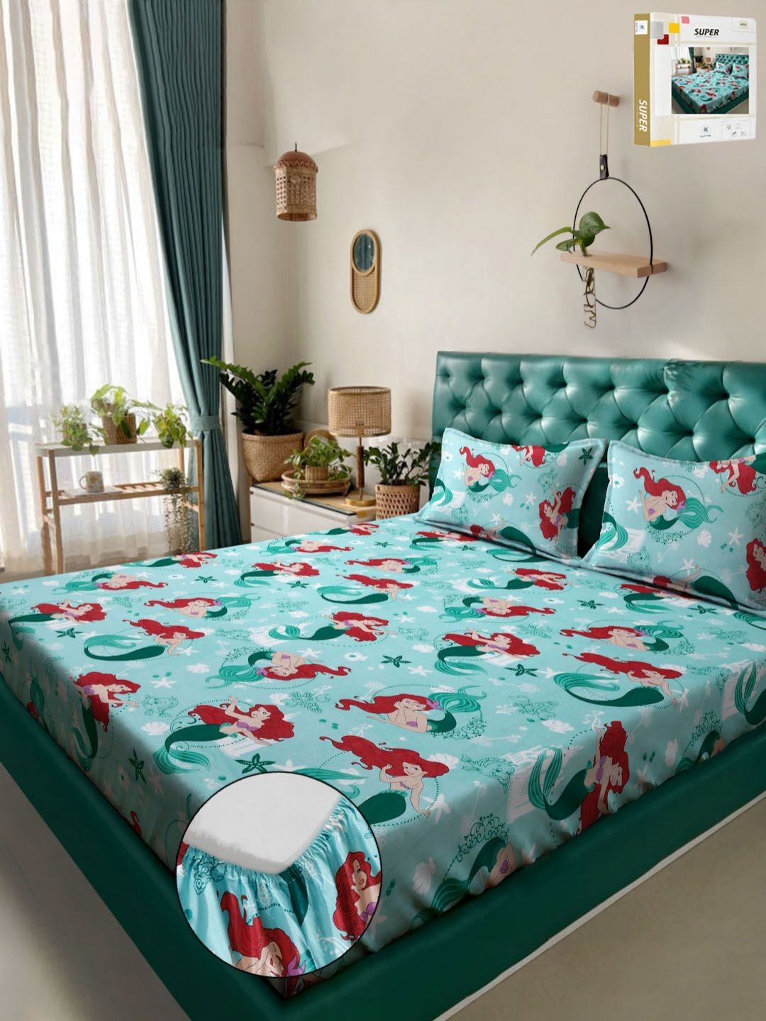 KLOTTHE Turquoise Blue Printed 400 TC Pure Cotton Fitted Double King Bedsheet Set
