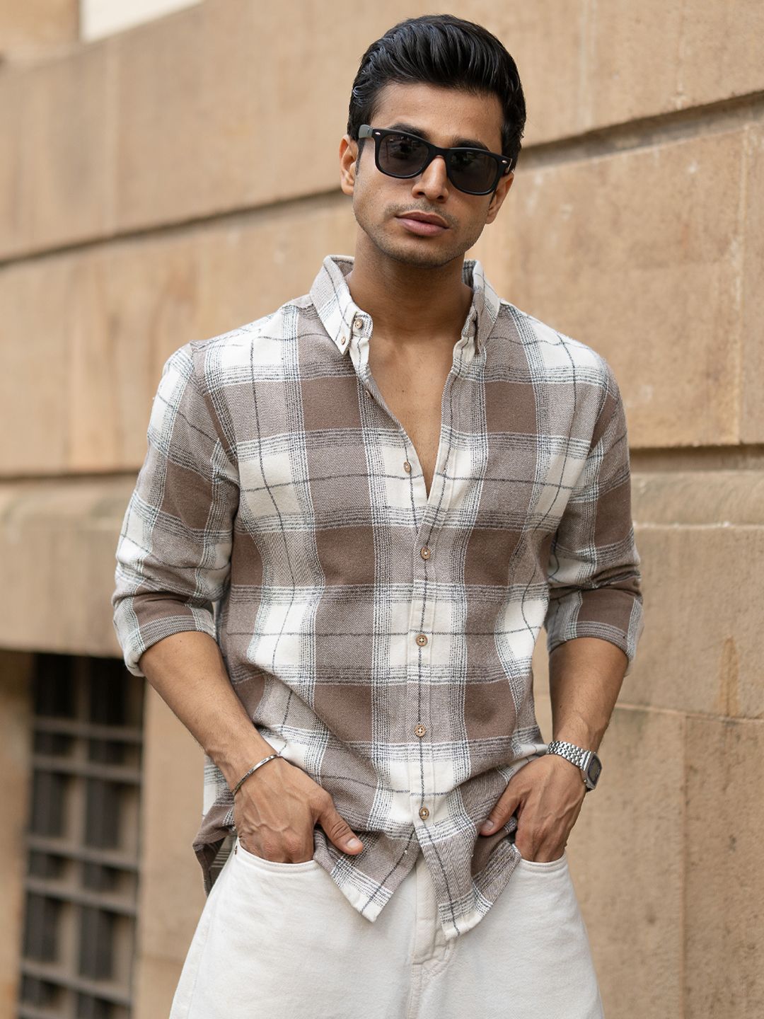 Powerlook Men Tartan Checked Button-Down Collar Cotton Casual Shirt