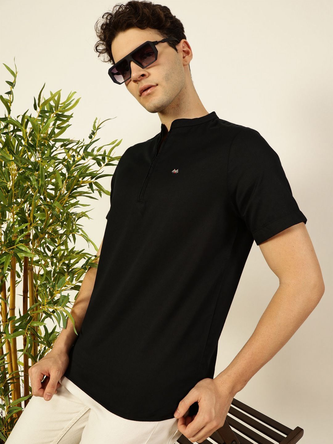 Thomas Scott Men Solid Mandarin Collar Cotton T-Shirt