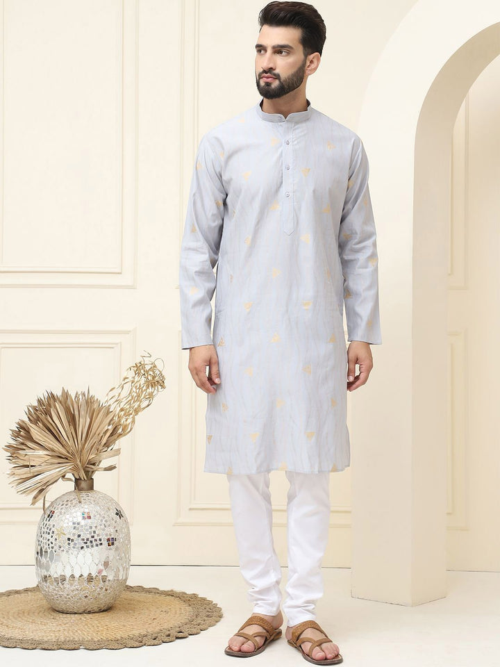 SOJANYA Geometric Woven Design Mandarin Collar Silk Cotton Straight Kurta dengan Piyama