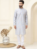 SOJANYA Geometric Woven Design Mandarin Collar Silk Cotton Straight Kurta dengan Piyama