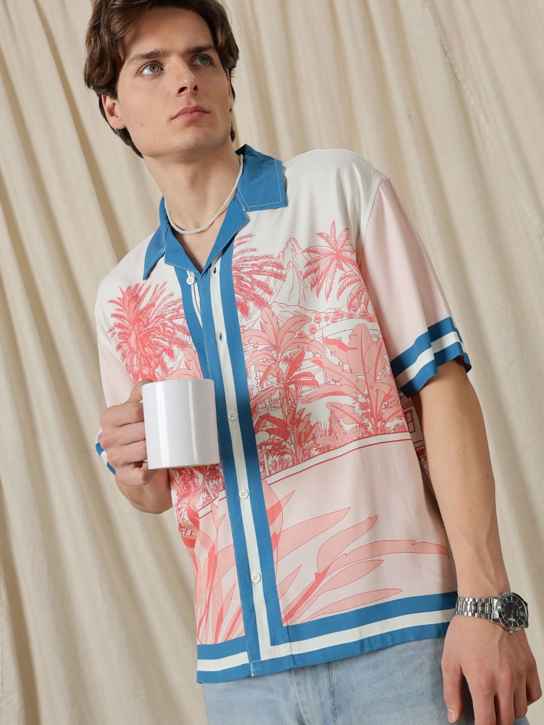 Eszett Abstract Forest Conversational Cotton Short Sleeves Shirt