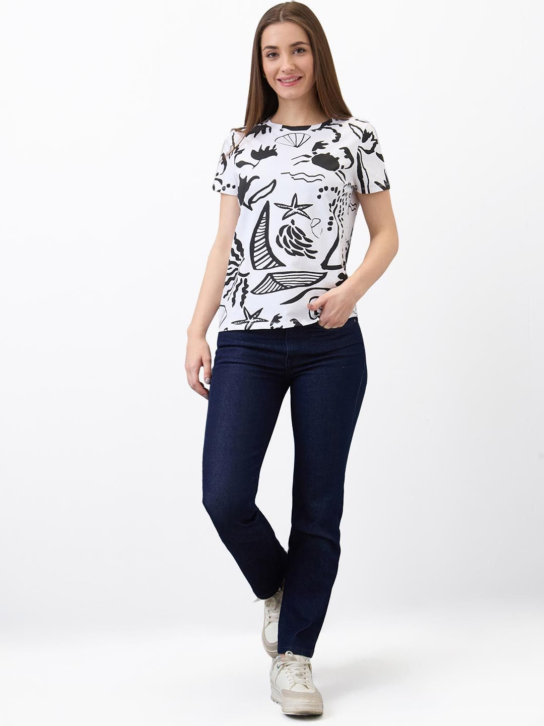 SPYKAR Women Regular Fit Abstract Printed Round Neck Cotton T-shirt