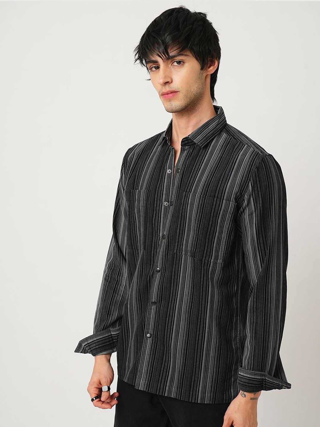 VASTRADO Men Classic Spread Collar Vertical Striped Cotton Slim Fit Casual Shirt