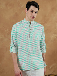 Dennison Men Motif Etnik Putih & Biru Dicetak Kurta