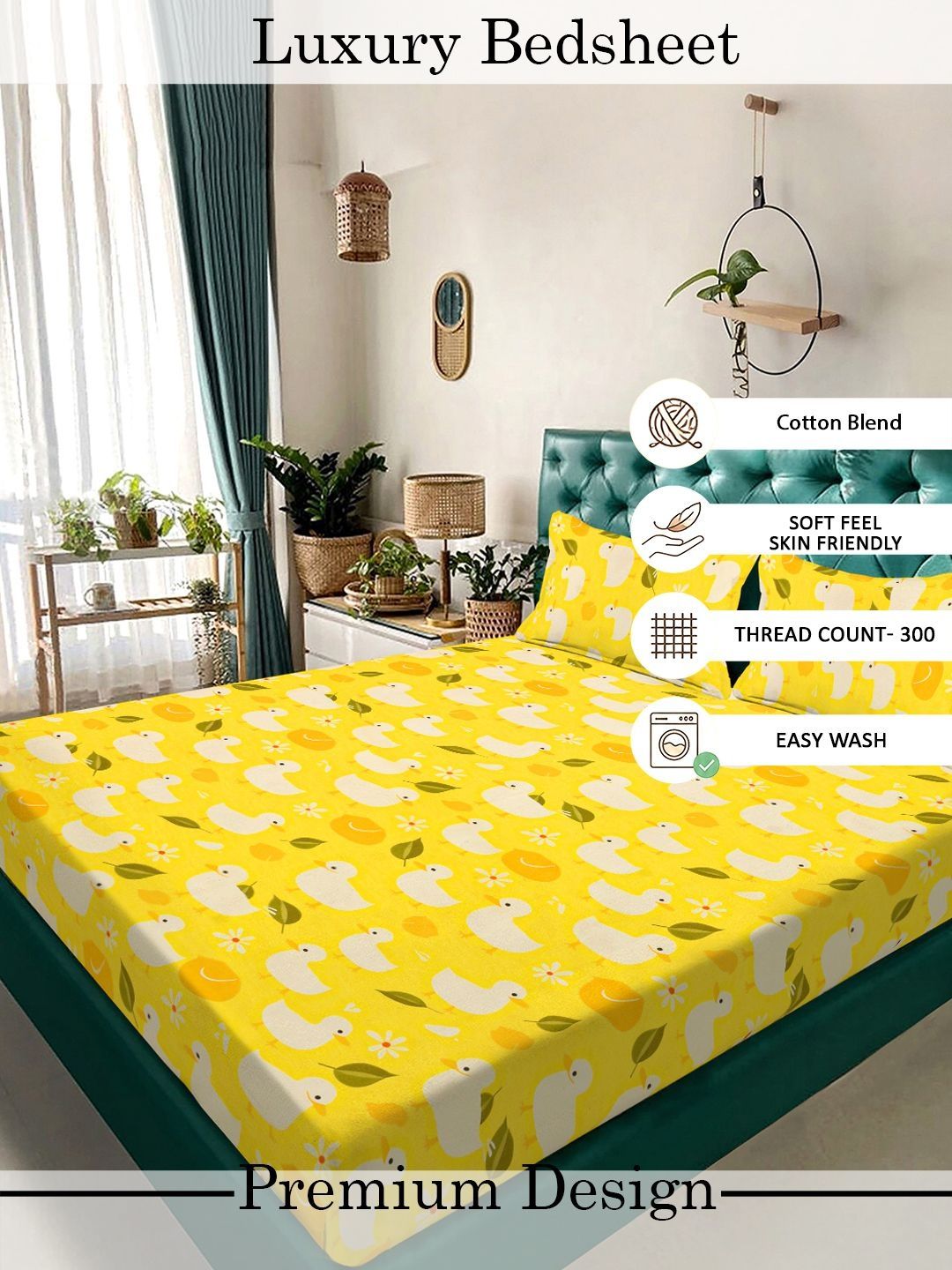 Myntra Elegant Homes Watak Kartun Kuning 140 TC Cadar Katil King dengan 2 Sarung Bantal