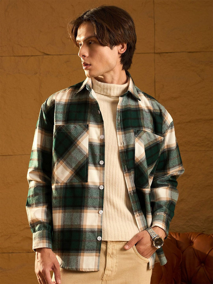 DENNISON Men Double Pocket Drop Shoulder Oversized Cotton Checked Shacket