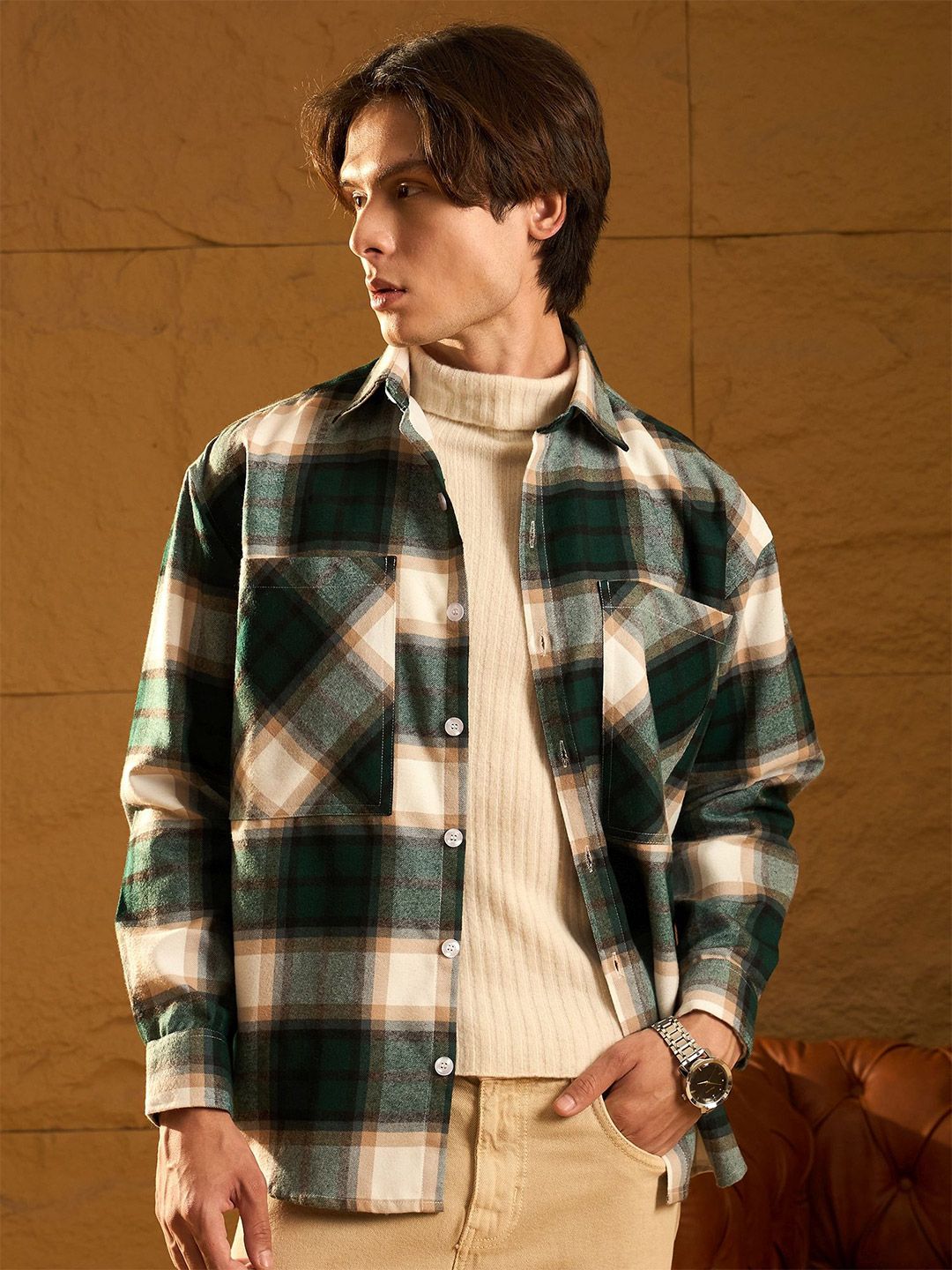 DENNISON Men Double Pocket Drop Shoulder Oversized Cotton Checked Shacket