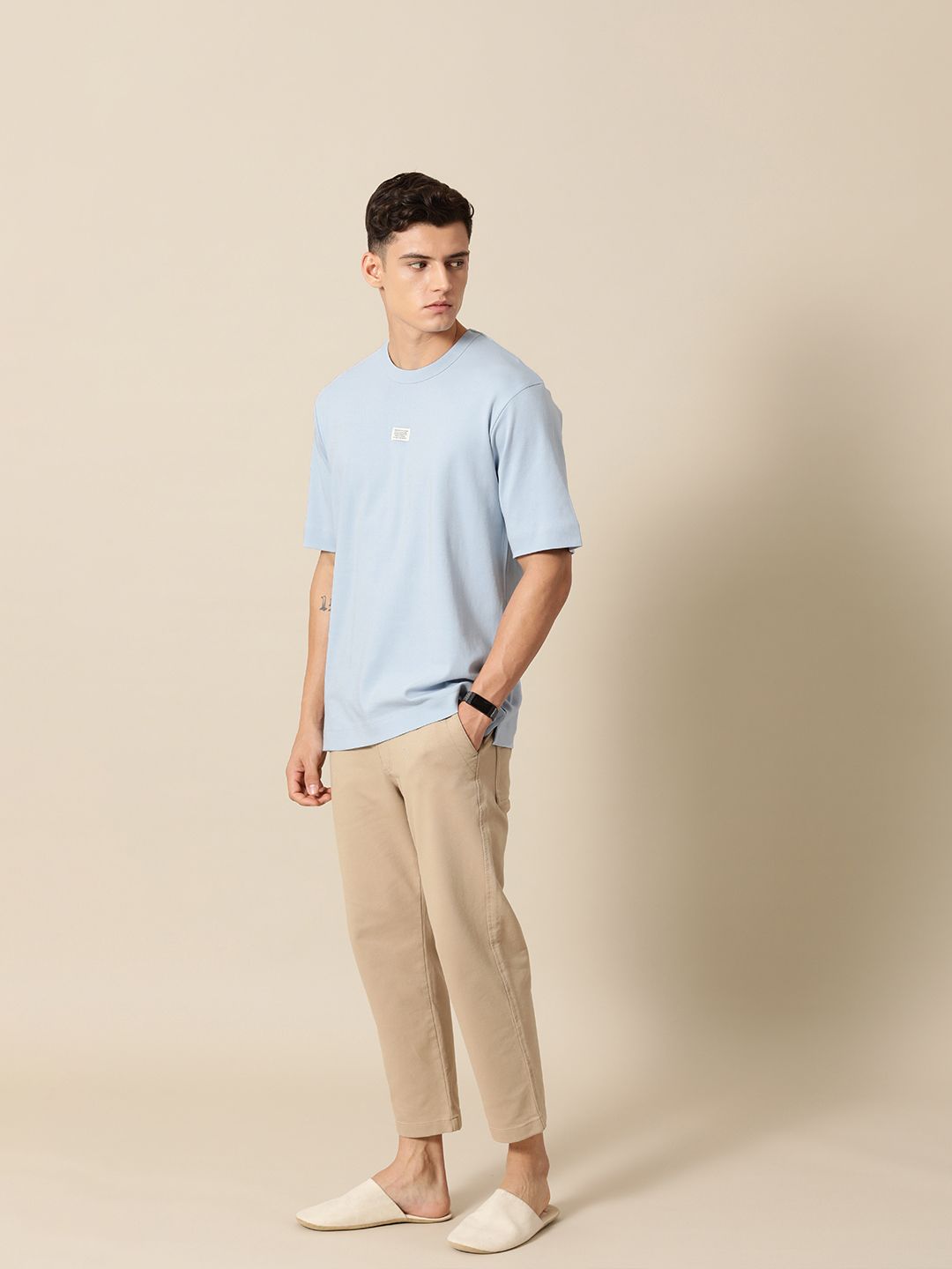 Mr Bowerbird Solid Pure Cotton Casual Oversized T-shirt With Patchwork Detail