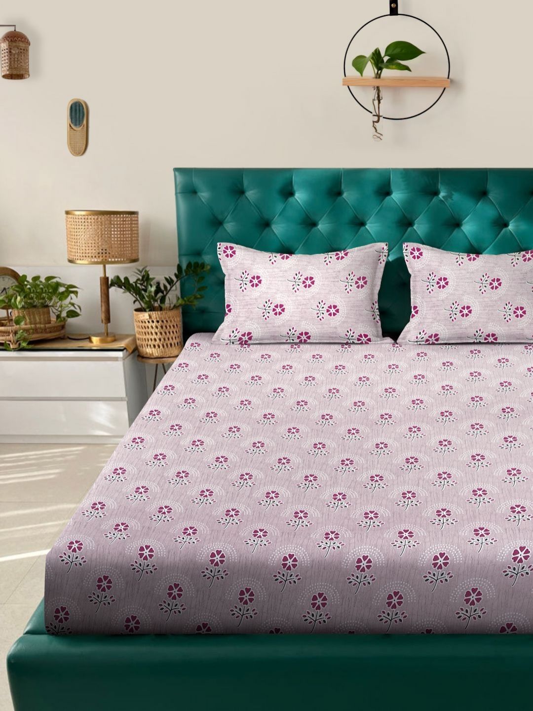 Myntra Elegant Homes Pink & White Floral 400 TC King Bedsheet with 2 Pillow Covers