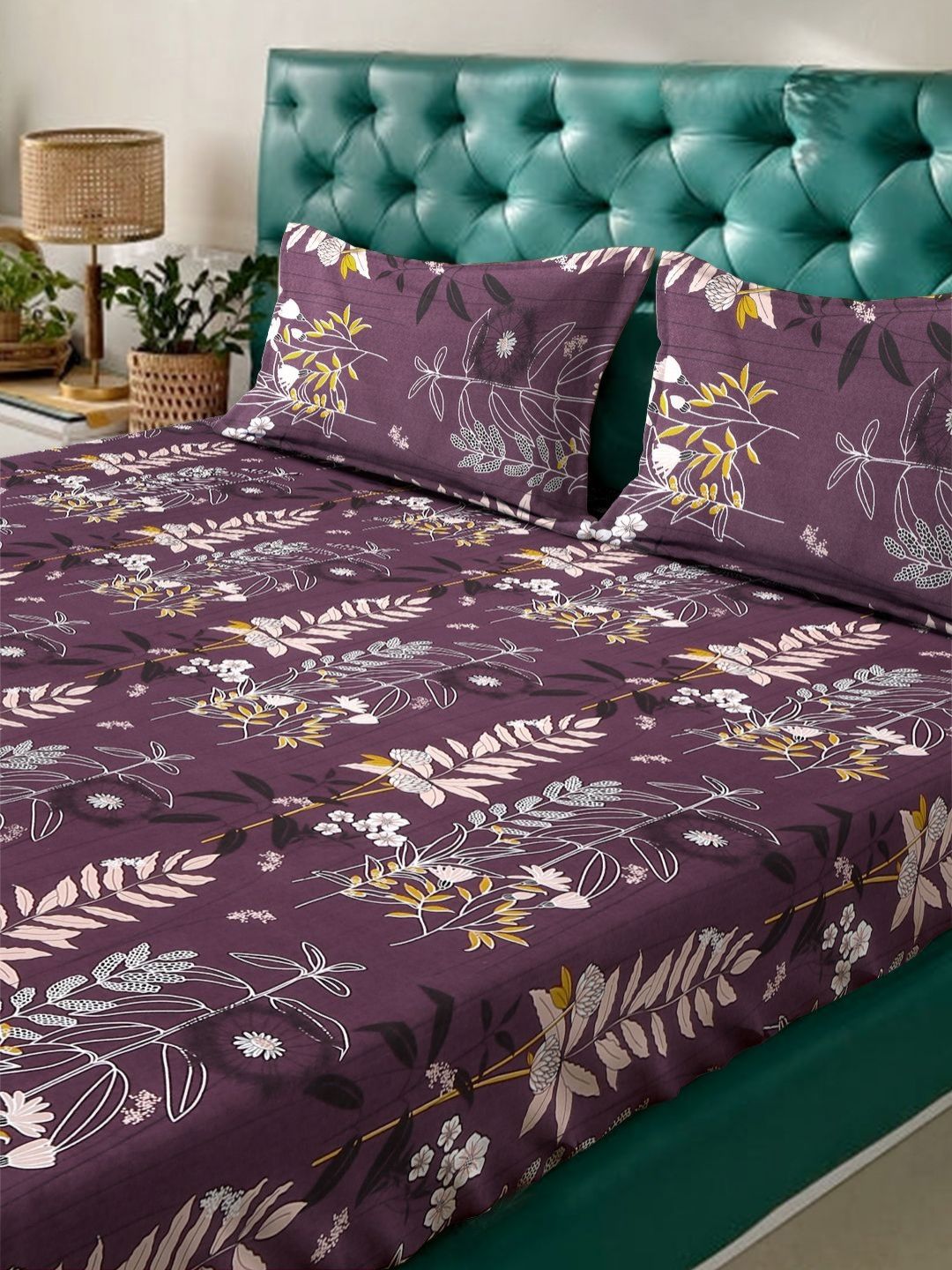 KLOTTHE Kapas Daun Ungu 300 TC Cadar Tempat Tidur King Halus dengan 2 Sarung Bantal-250 x 225 cm