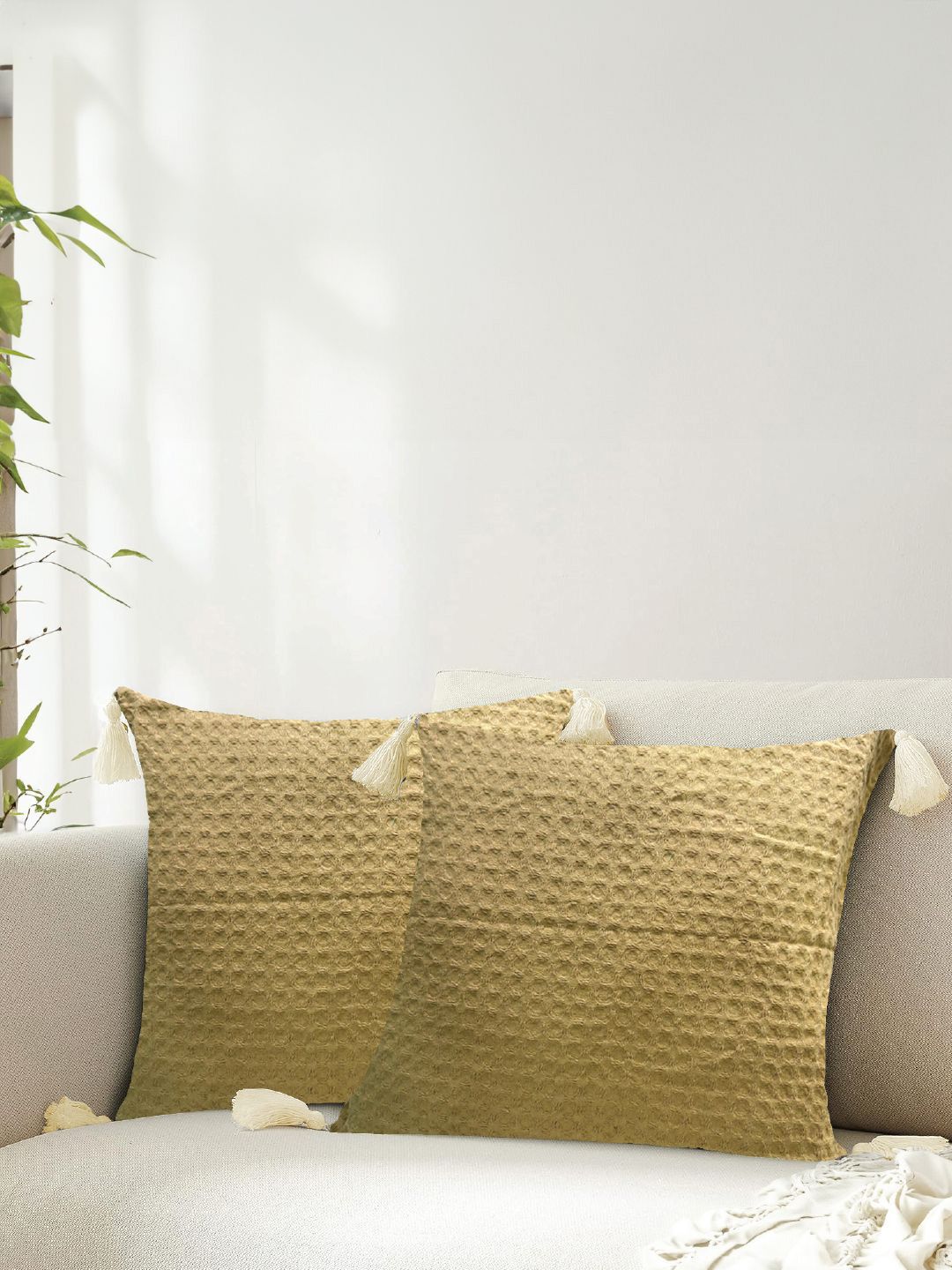URBAN SPACE Khaki 2 Pieces Checked Pure Cotton Square Cushion Covers