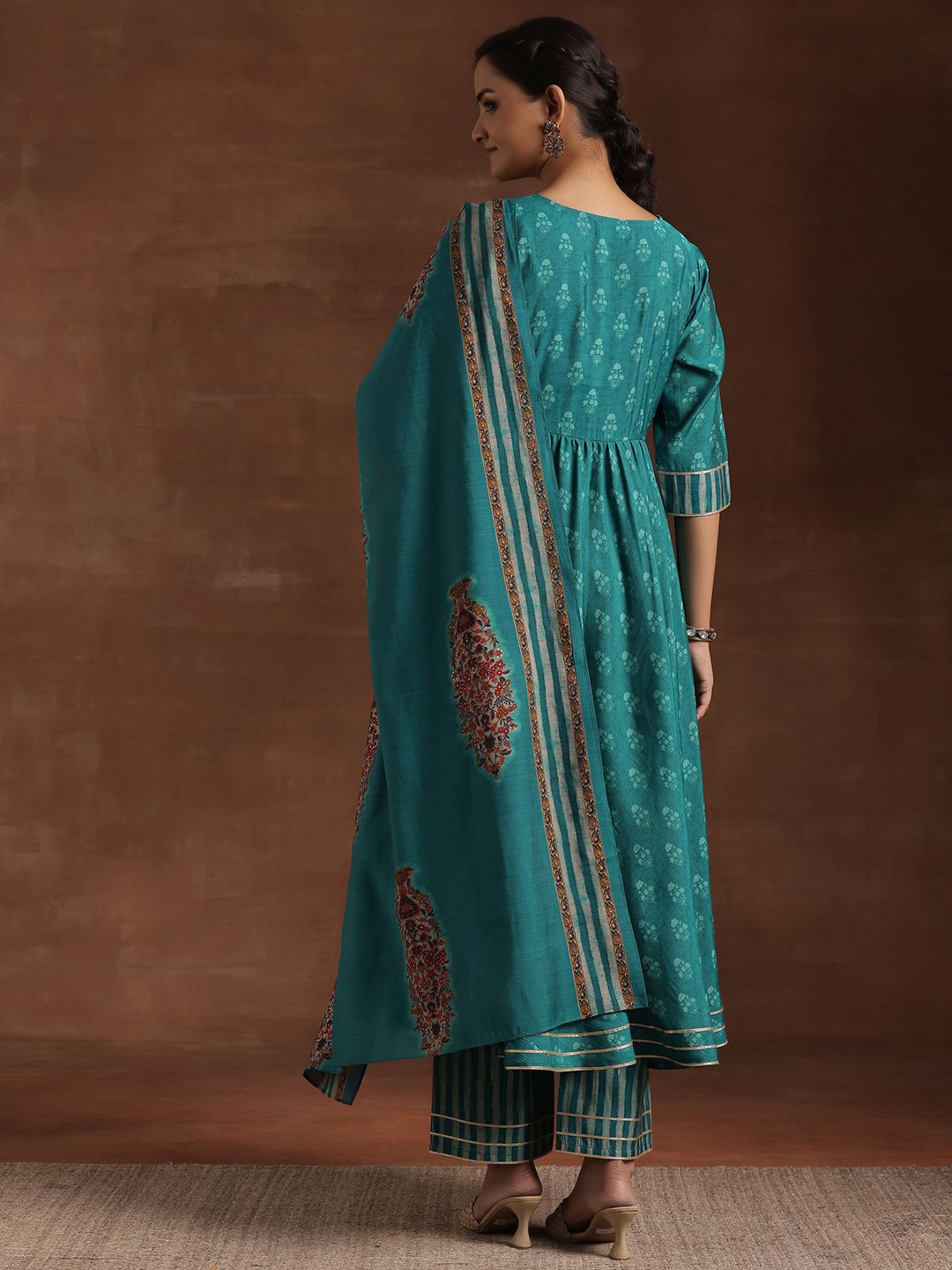Libas Floral Printed Pleated Mirror Work Anarkali Kurta with Trousers & Dupatta