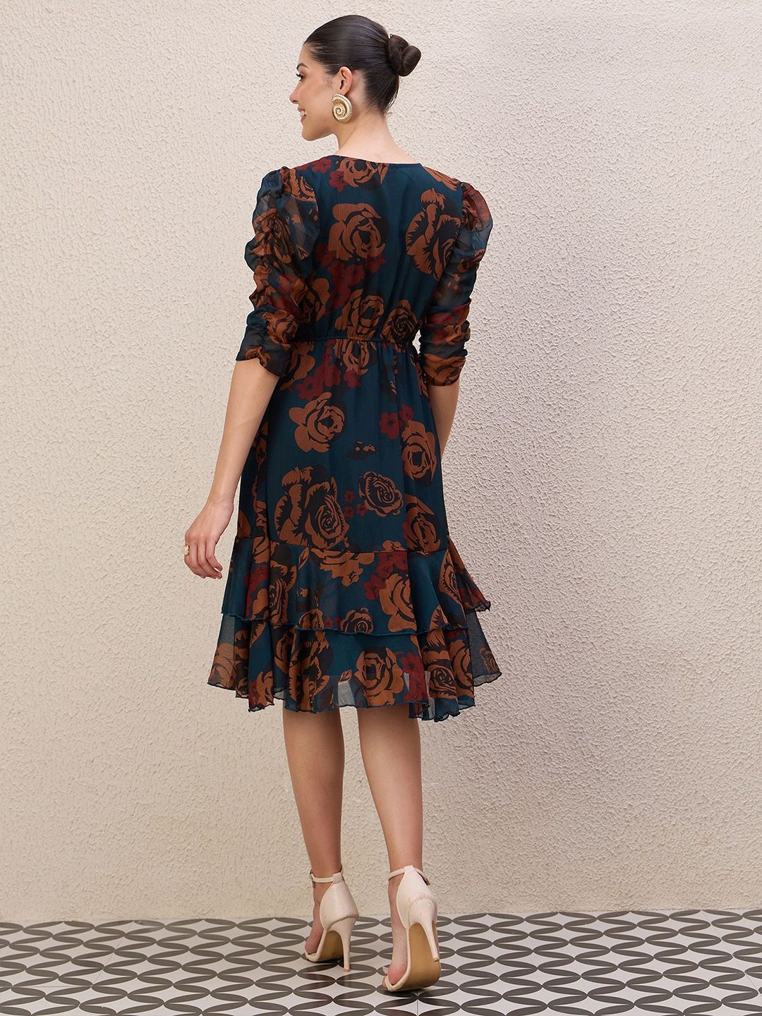 Antheaa Women Ethnic Motifs Print Puff Sleeve Gathered or Pleated A-Line Knee Length Dress