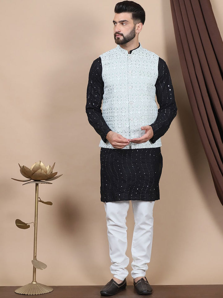 Anouk Embroidered Sequinned Pure Cotton Straight Kurta With Churidar & Nehru Jacket