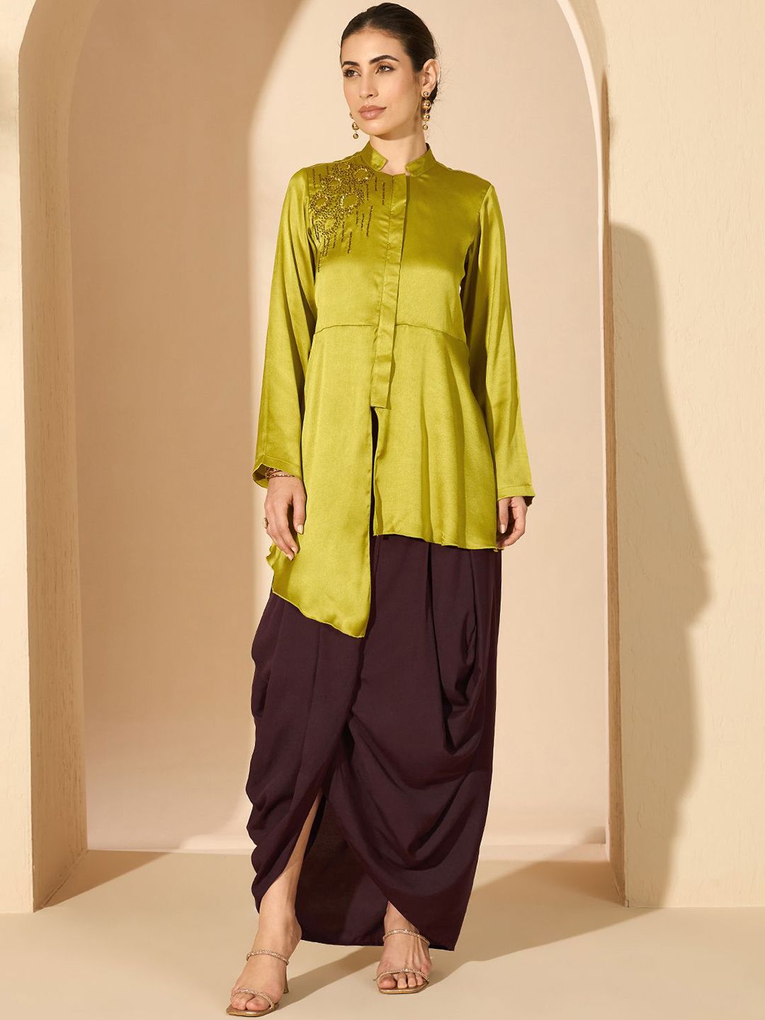 Antheaa 100% Satin Embroidered Mandarin Collar Tunic & Palazzo