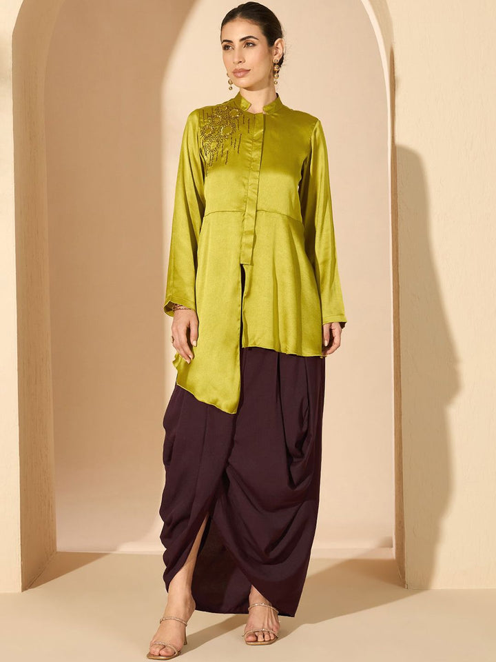 Antheaa 100% Satin Embroidered Mandarin Collar Tunic & Palazzo