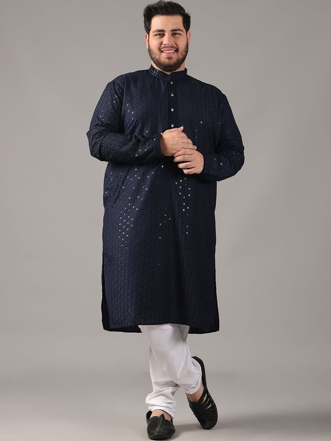 SOJANYA PLUS Plus Size Lelaki Motif Etnik Sulam Kapas Tulen Kurta Lurus & Piyama