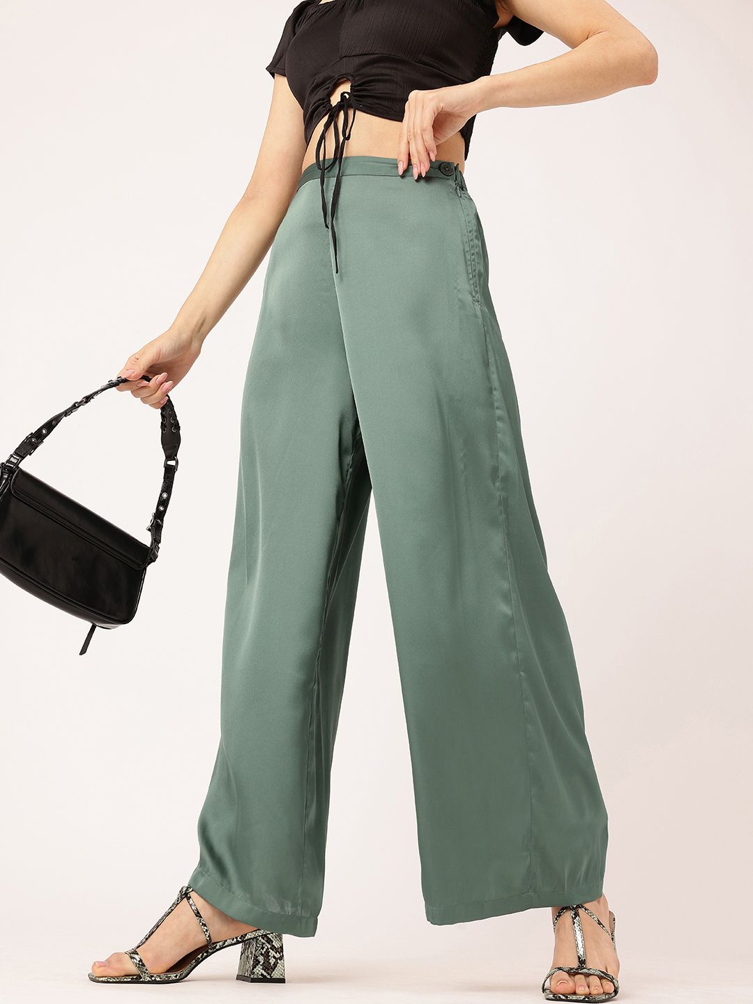 DressBerry Women Cool Matcha Satin Slay Retro Wide Trousers