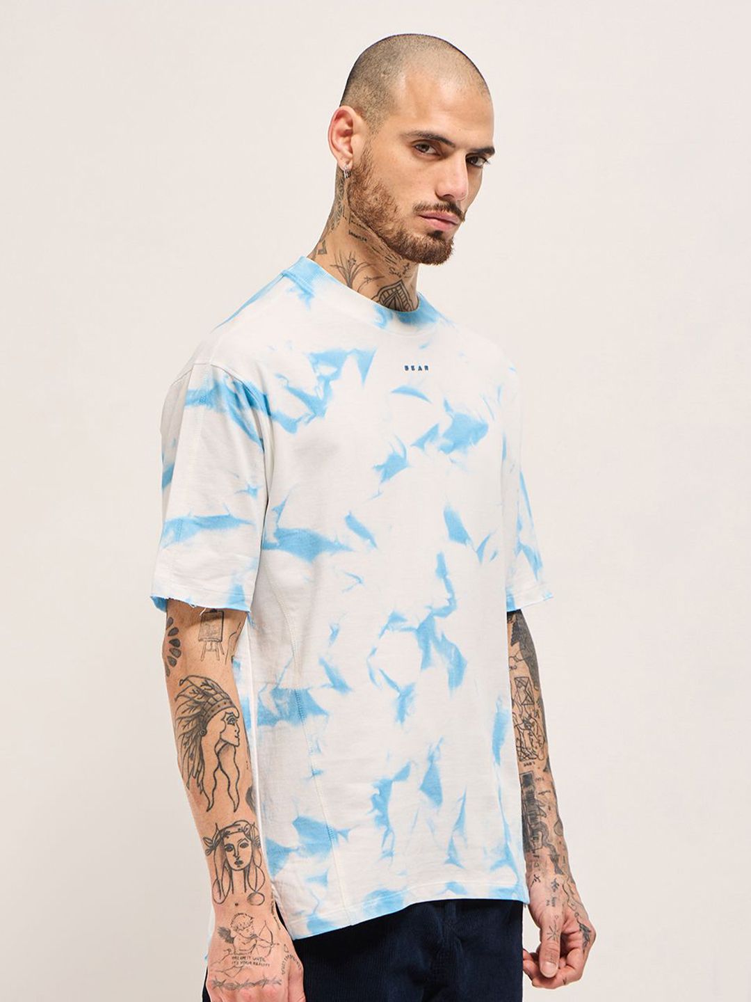 THE BEAR HOUSE Men Dyed Round Neck Cotton Oversized T-shirt