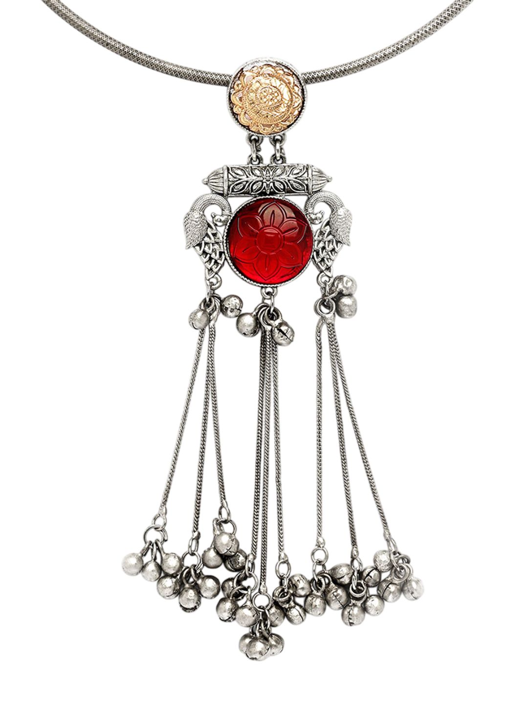 KARATCART Silver-Plated Red Stones Studded Oxidised Peacock Design Hasli Jewellery Set