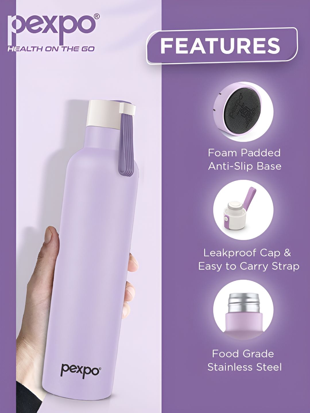 Pexpo Oslo Orchid Purple ISI Certified Thermosteel Hot and Cold Flask Water Bottle 1000ml