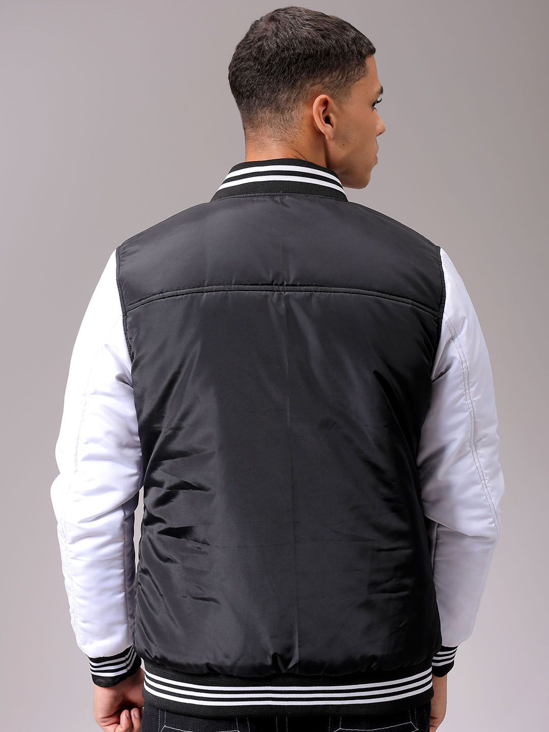 The Indian Garage Co Men Stand Collar Typography Printed Casual Varsity Jacket