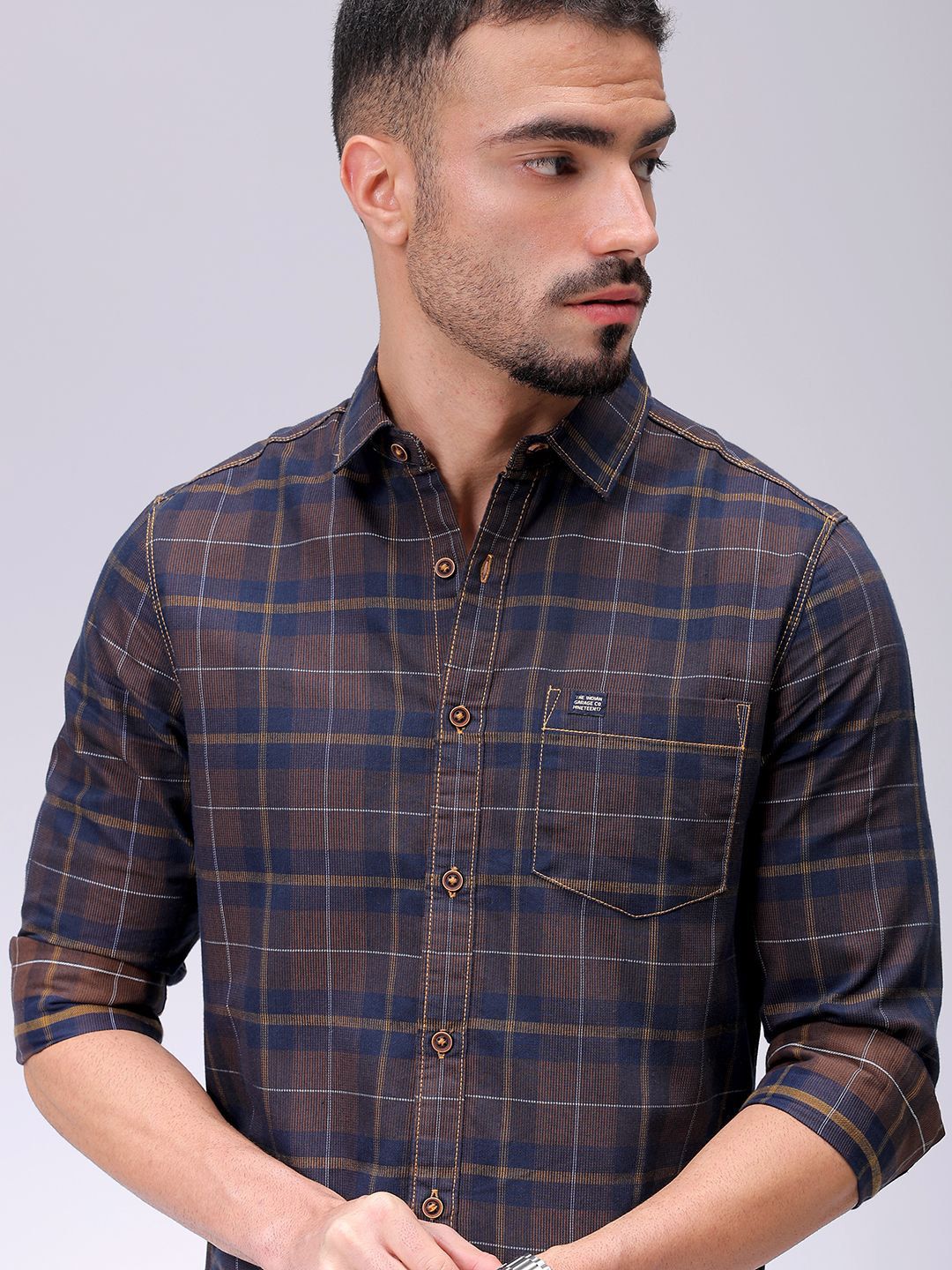 Lelaki Garage CO India Slim Fit Opaque Memeriksa Baju Kasual