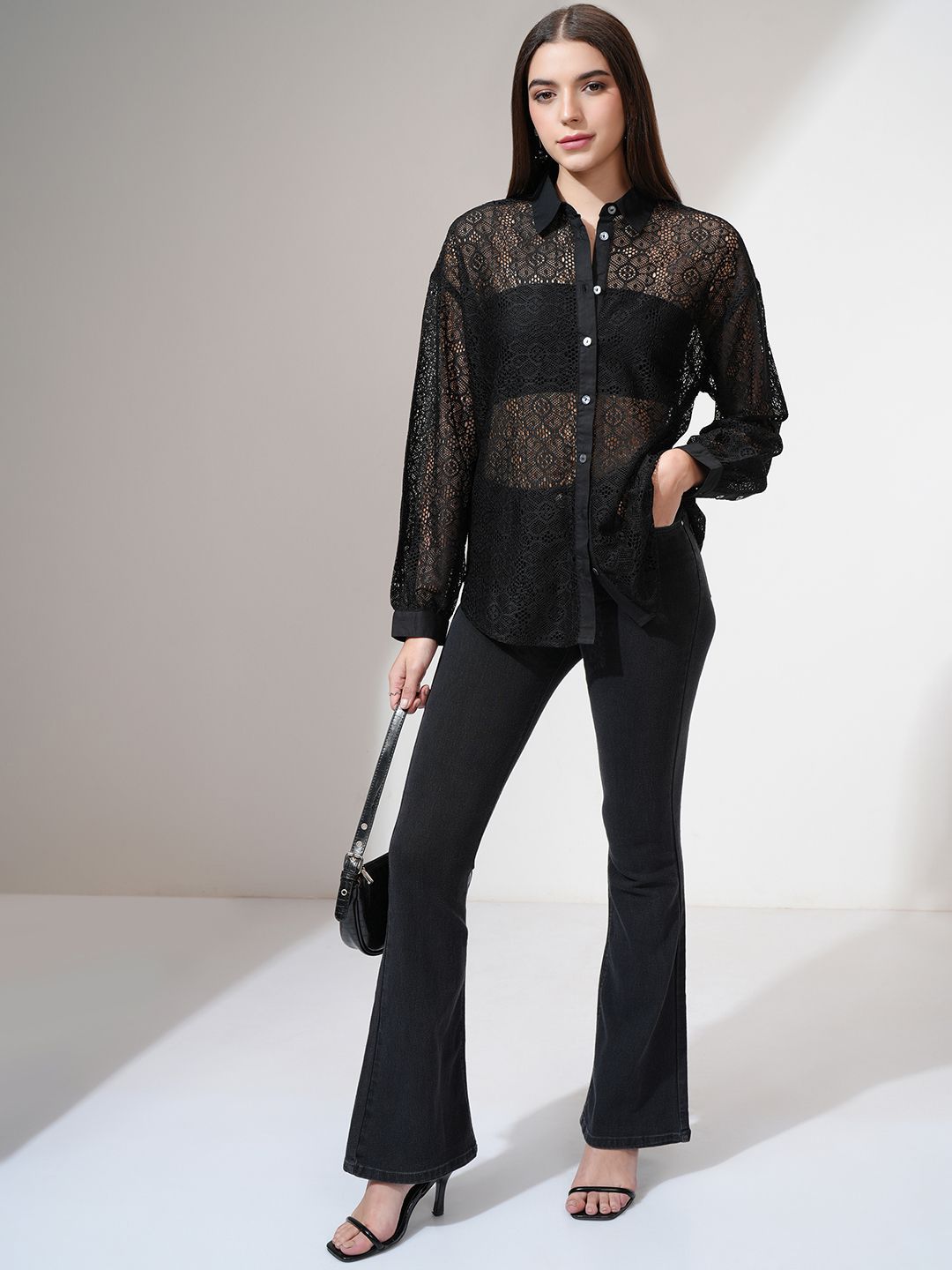 Tokyo Talkies Women Relaxed Fit Drop Shoulder Lace Shirt