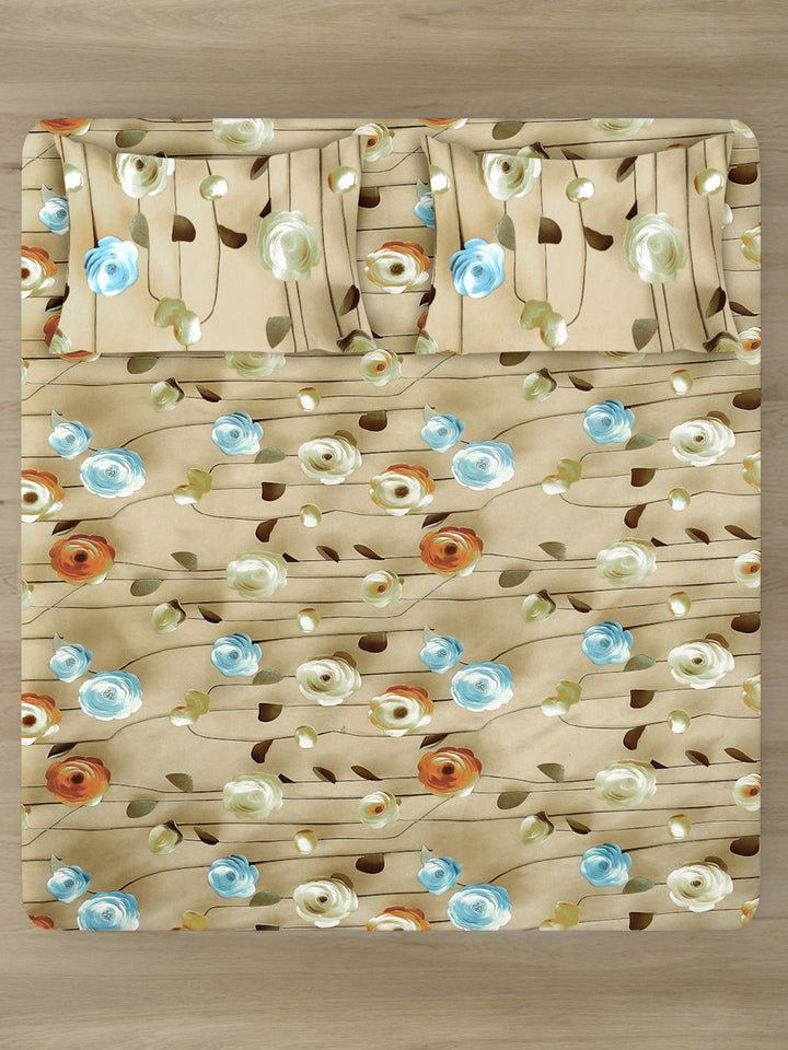KLOTTHE Beige Floral Fitted 300TC King Superfine 7D Bedsheet & 2 Pillow Covers-2.50mx2.25m