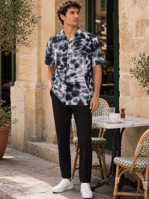 Baju Kasual Kapas Kolar Cuba Eszett Lelaki Dicelup