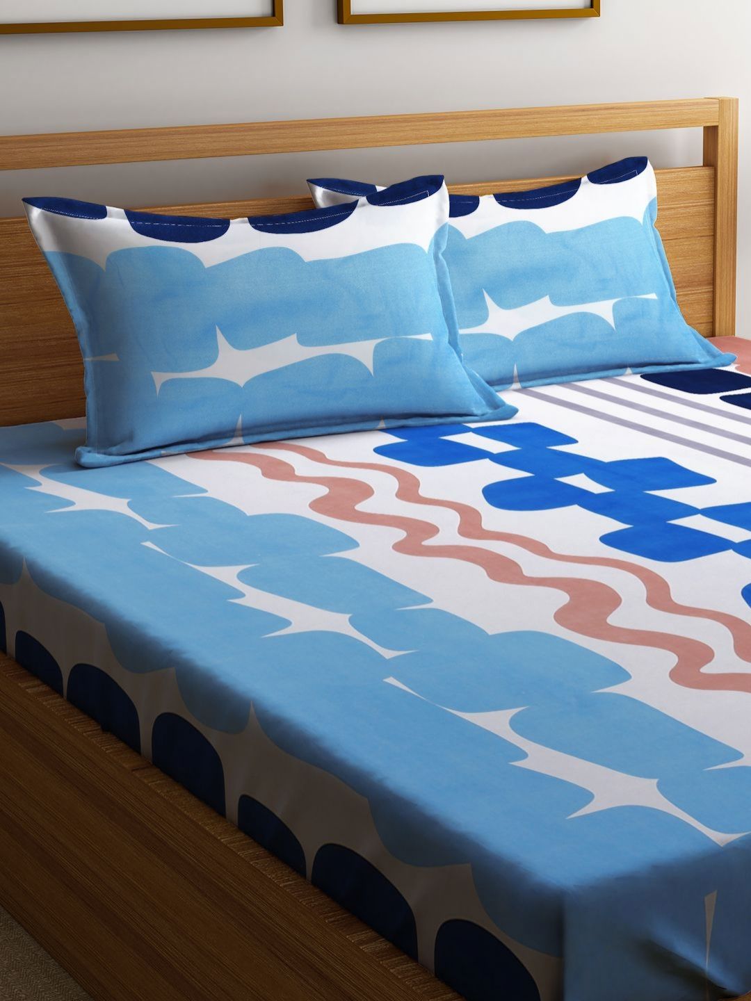 Myntra Elegant Homes Blue Abstract Cotton 300 TC King Fine Bedsheet with 2 Pillow Covers-96 x 89 inches
