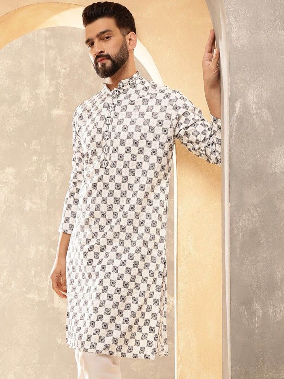 SOJANYA Kurta Kerja Benang Sulam Geometri Lelaki