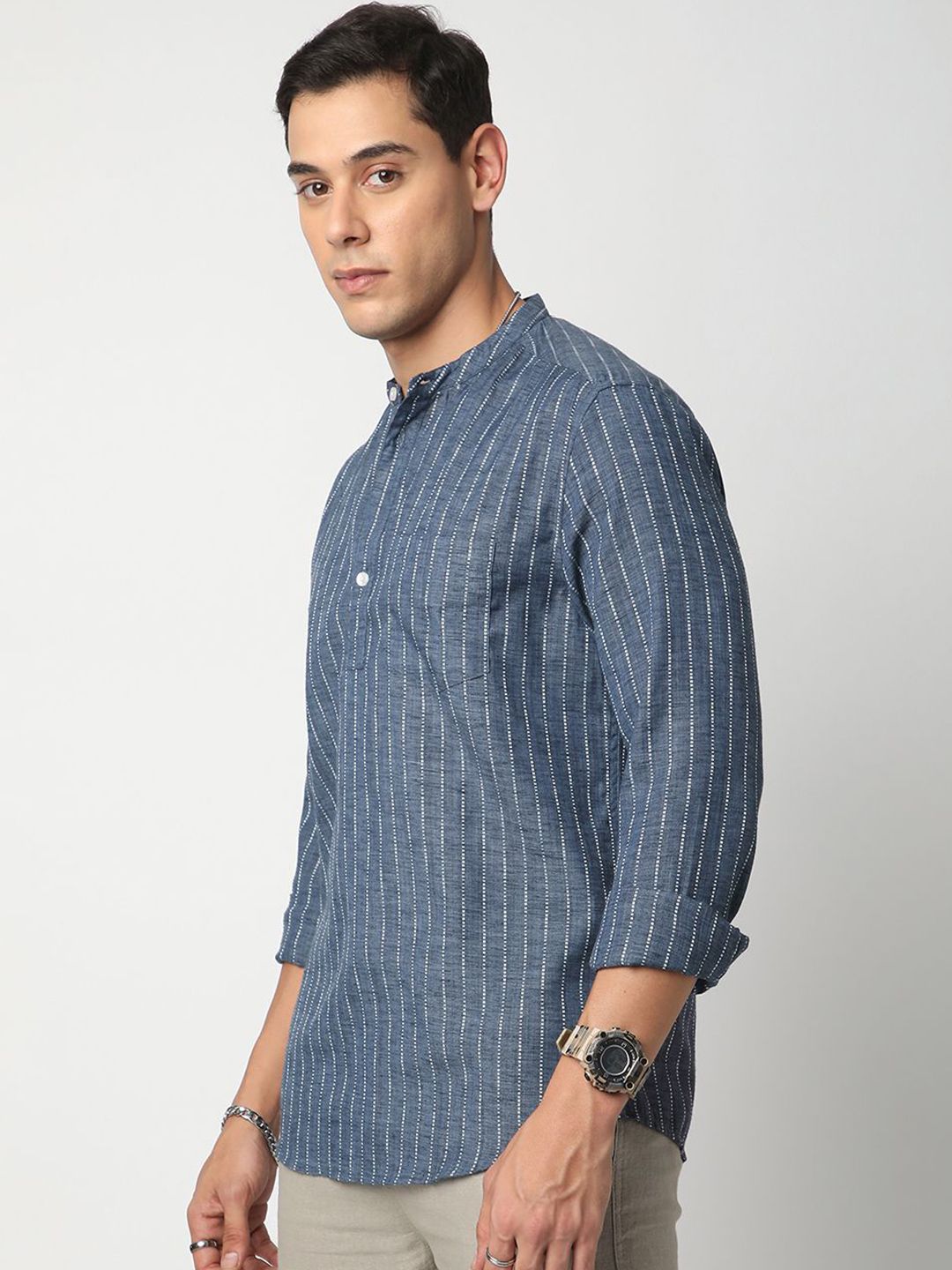 Vastrado Pure Cotton Striped Mandarin Collar Dobby A-Line Short Kurta
