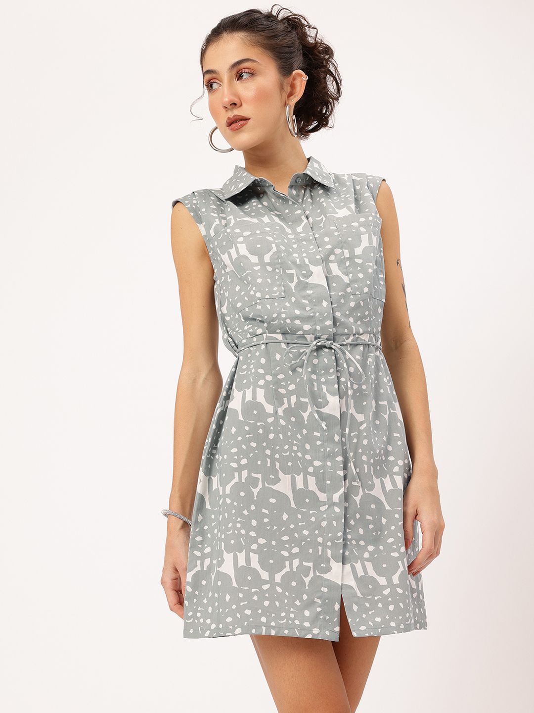 DressBerry Holiday Hues Printed Waist Tie-Up Mini Shirt Dress
