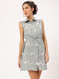 DressBerry Holiday Hues Printed Waist Tie-Up Mini Shirt Dress