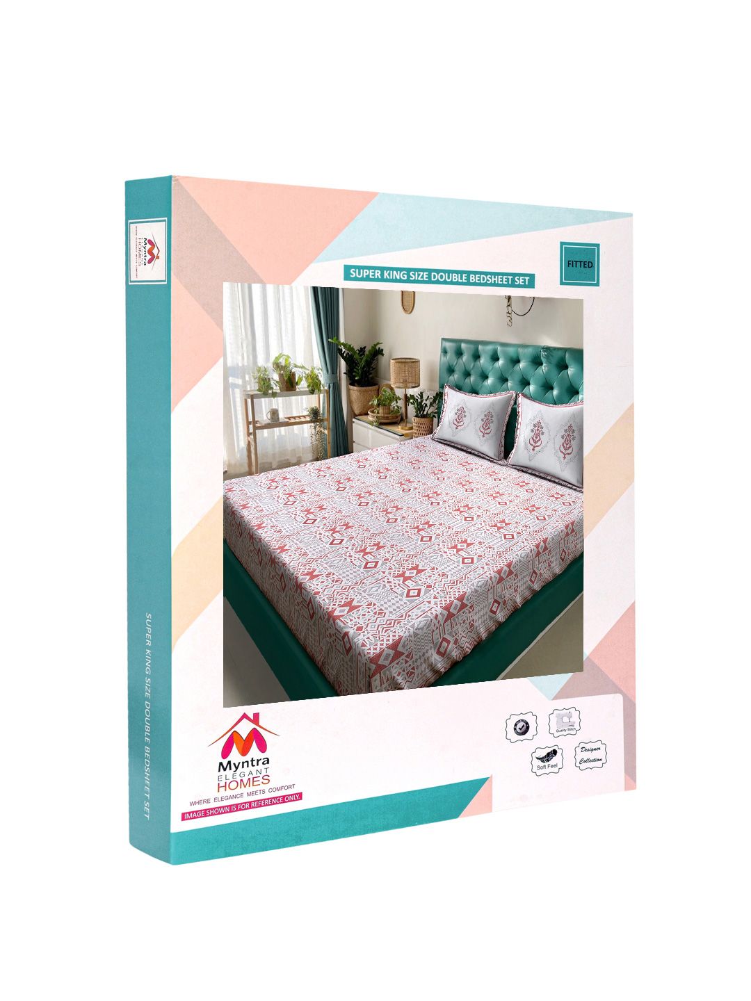 Myntra Elegant Homes White Geometric Fitted 400TC Cotton King Bedsheet Set 2.70 m x 2.70 m
