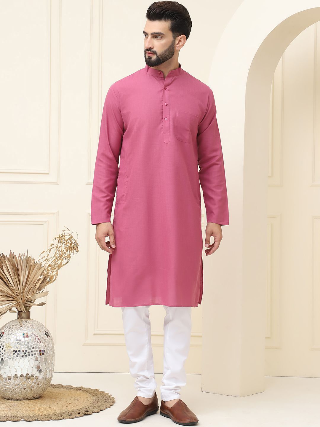 SOJANYA Kurta Lurus Linen Kapas Kolar Mandarin dengan Piyama