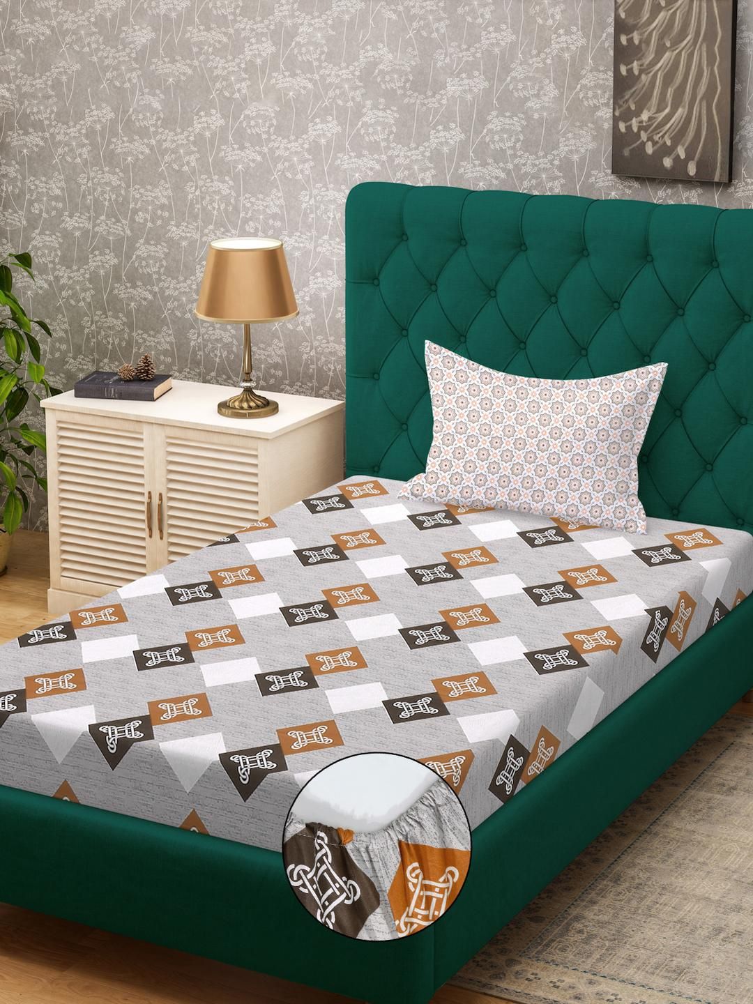 KLOTTHE Grey Cotton Geometric 400 TC Single Bedsheets